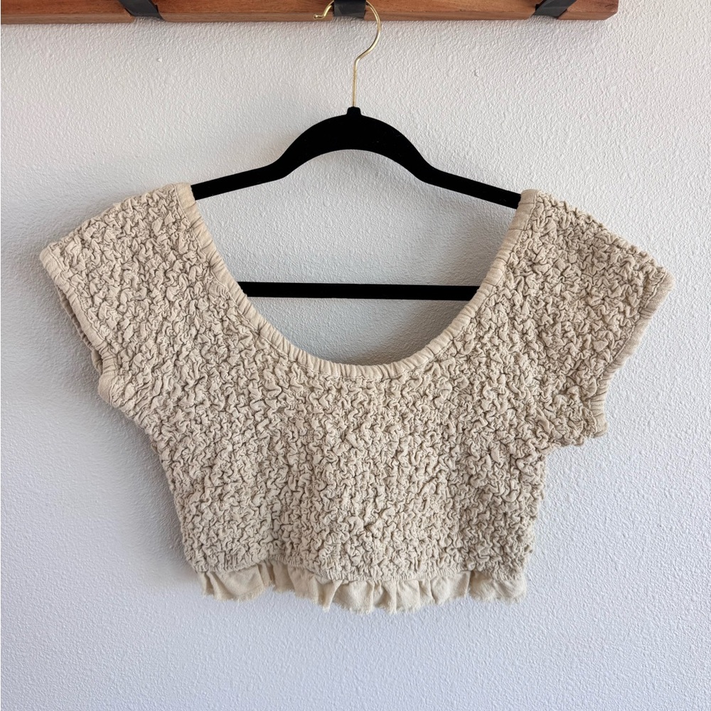 Free People Cream Smocked Scoop-Neck Crop Top